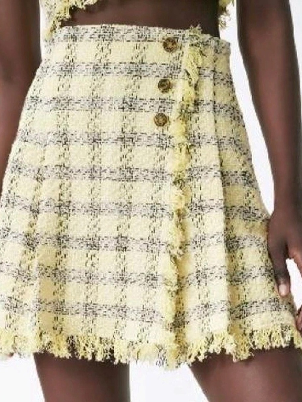 💕 ZARA yellow Plaid Textured Fringe High-Waist Mini Skirt size M